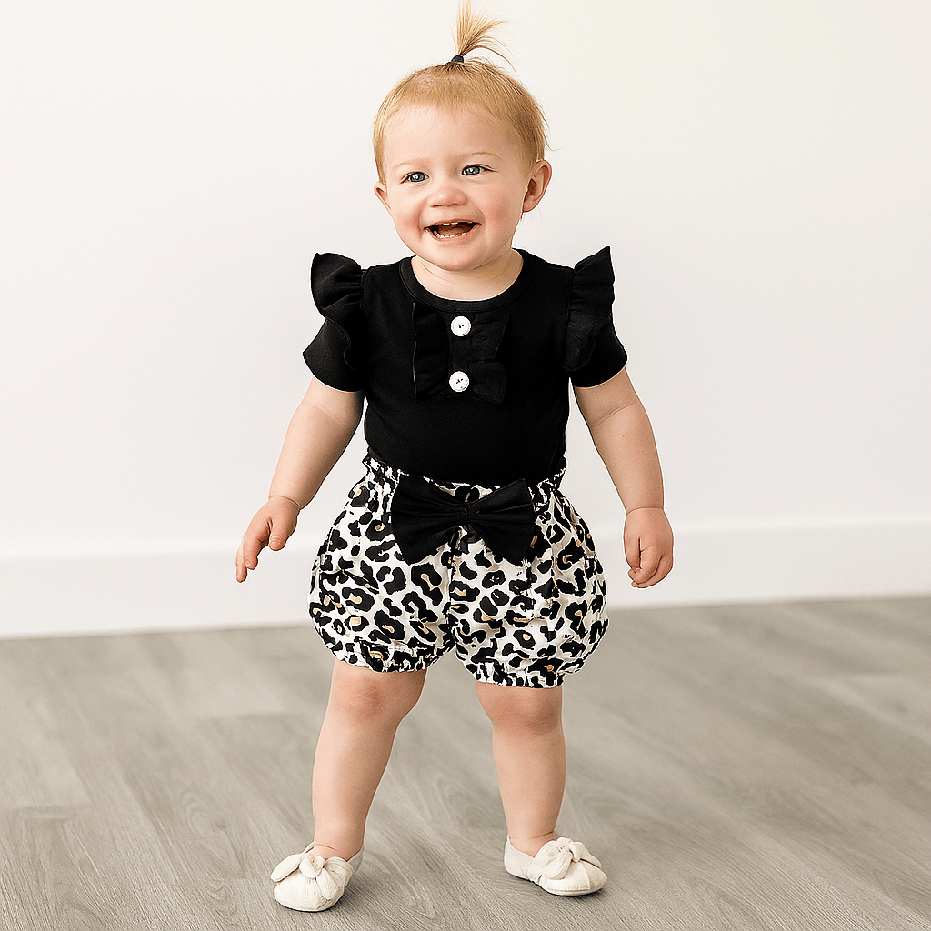 Baby Girl 2 Piece Romper and Leopard Shorts Set