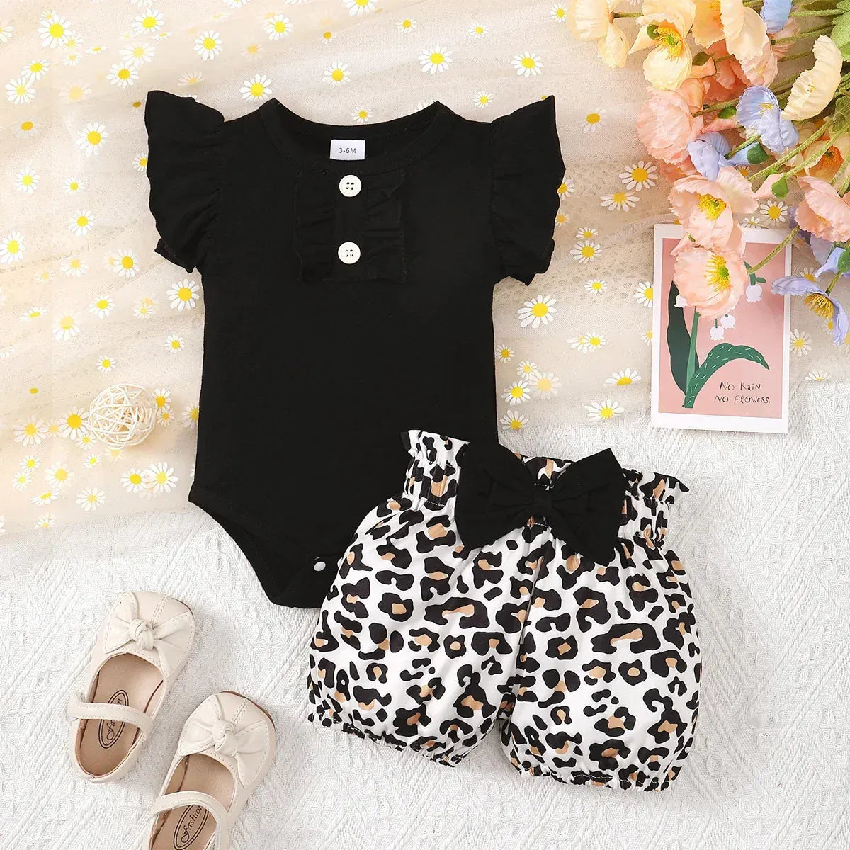 3-6M / black Baby Girl 2 Piece Romper and Leopard Shorts Set