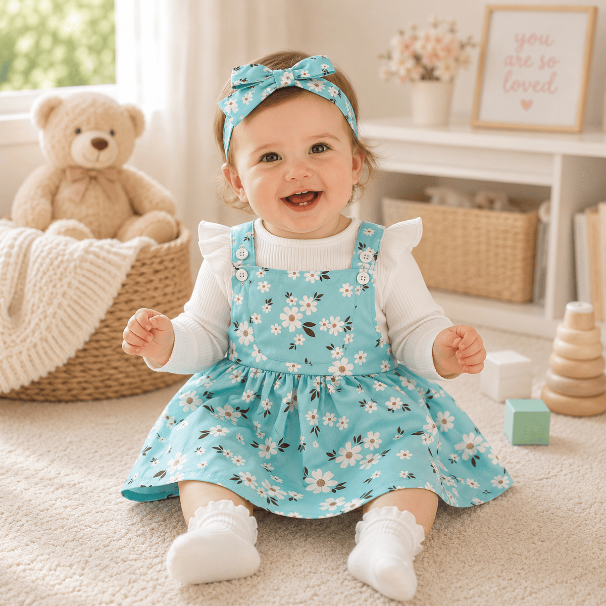 Baby Girl 3-Piece Fall Set | Ribbed Romper + Floral Overall Skirt + Hair Band