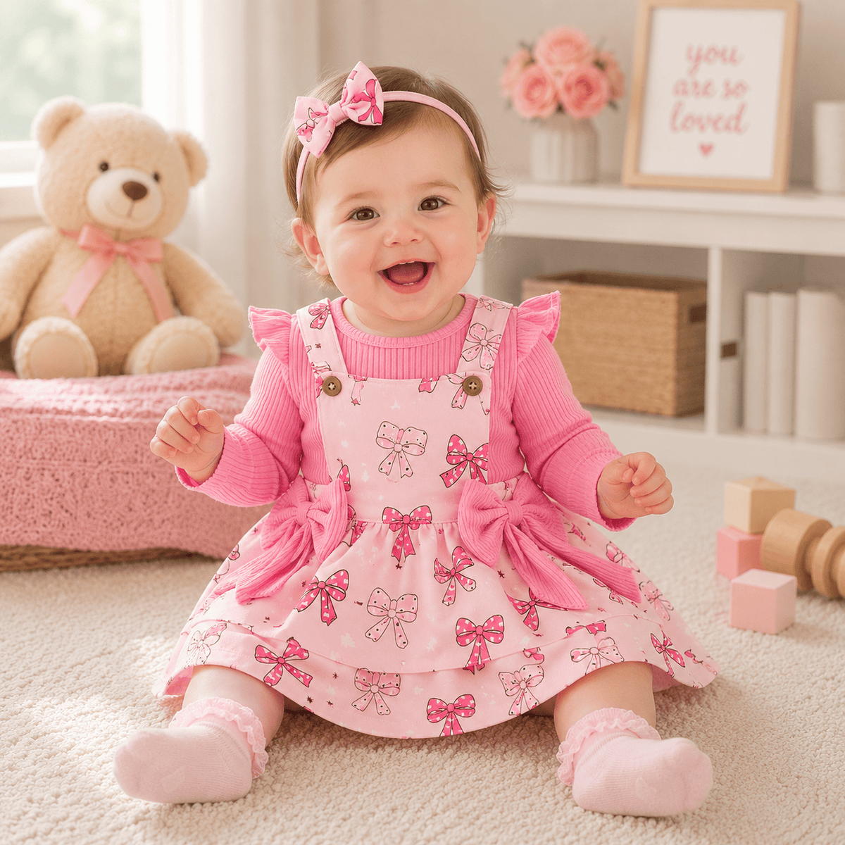 Baby Girl 3-Piece Fall Set | Ribbed Romper + Floral Overall Skirt + Hair Band