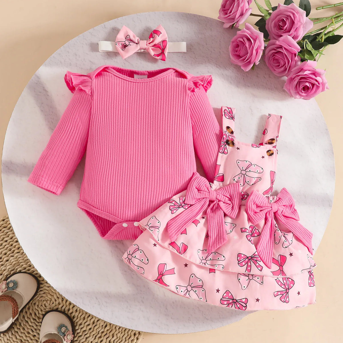 Pink Daisy Bloom / 0-3M Baby Girl 3-Piece Fall Set | Ribbed Romper + Floral Overall Skirt + Hair Band