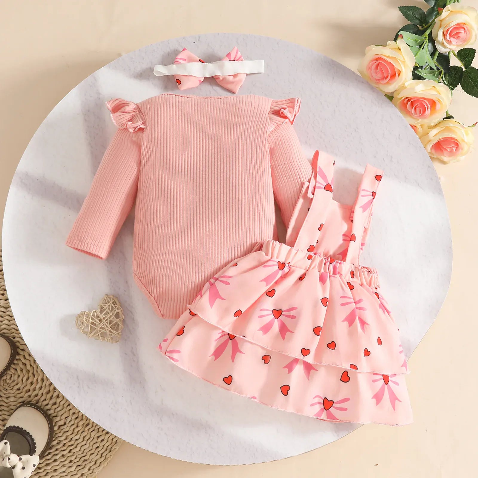 Baby Girl 3-Piece Fall Set | Ribbed Romper + Floral Overall Skirt + Hair Band
