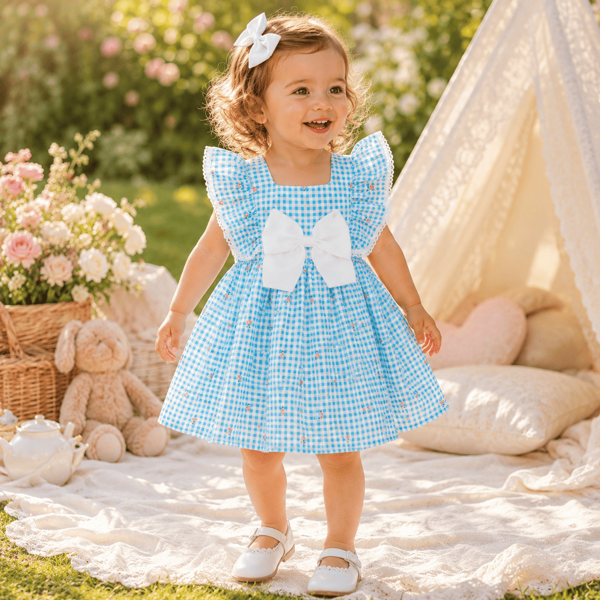 Baby Girl Blue Checkered Sleeveless Dress with Flower Bow Detail