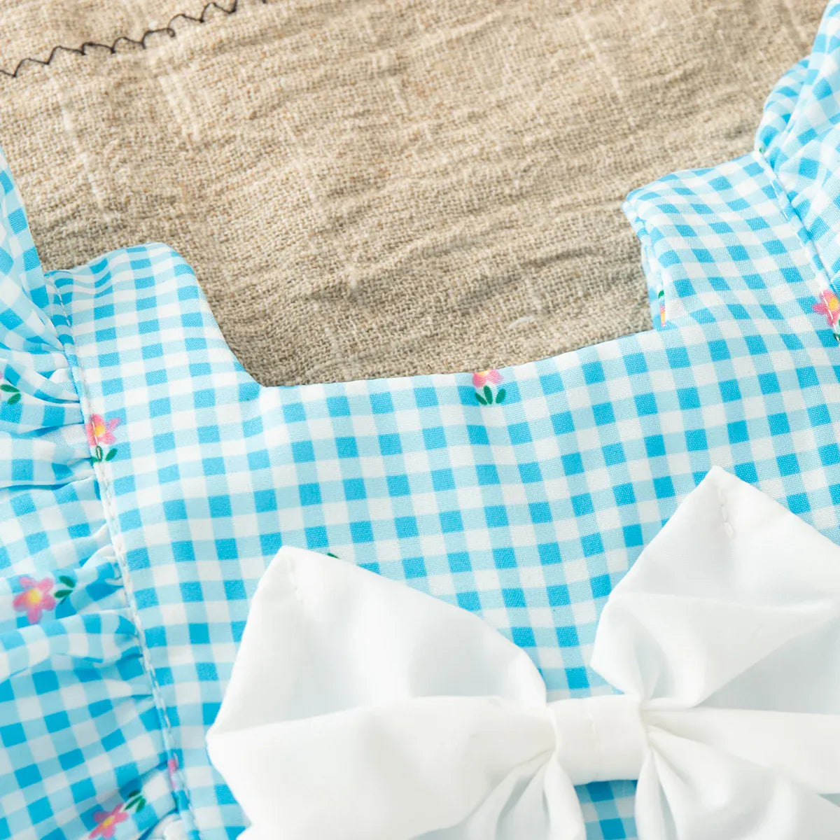 Baby Girl Blue Checkered Sleeveless Dress with Flower Bow Detail