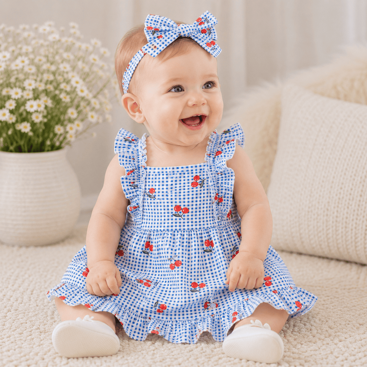 Baby Girl Cherry Plaid Ruffle Dress & Bow Headband 2-Piece Set