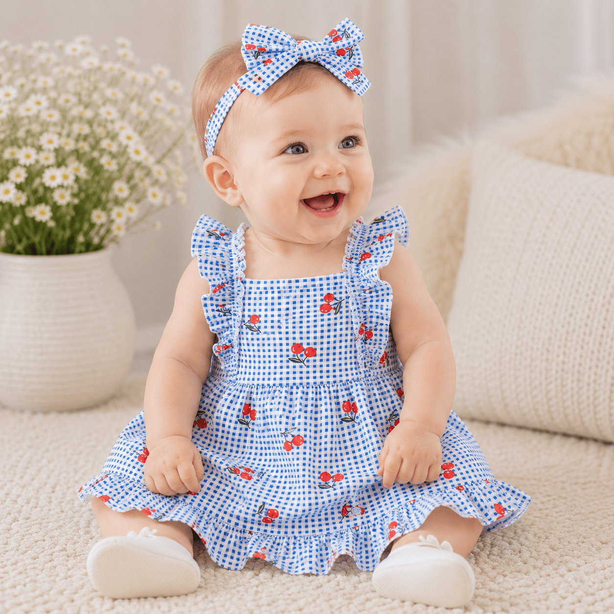 Baby Girl Cherry Plaid Ruffle Dress & Bow Headband 2-Piece Set