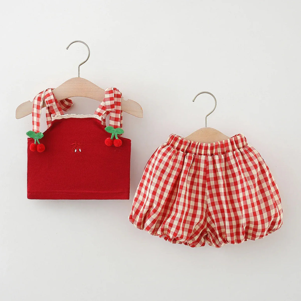 Red / 9-12M Baby Girl Cherry Plaid Summer Outfit