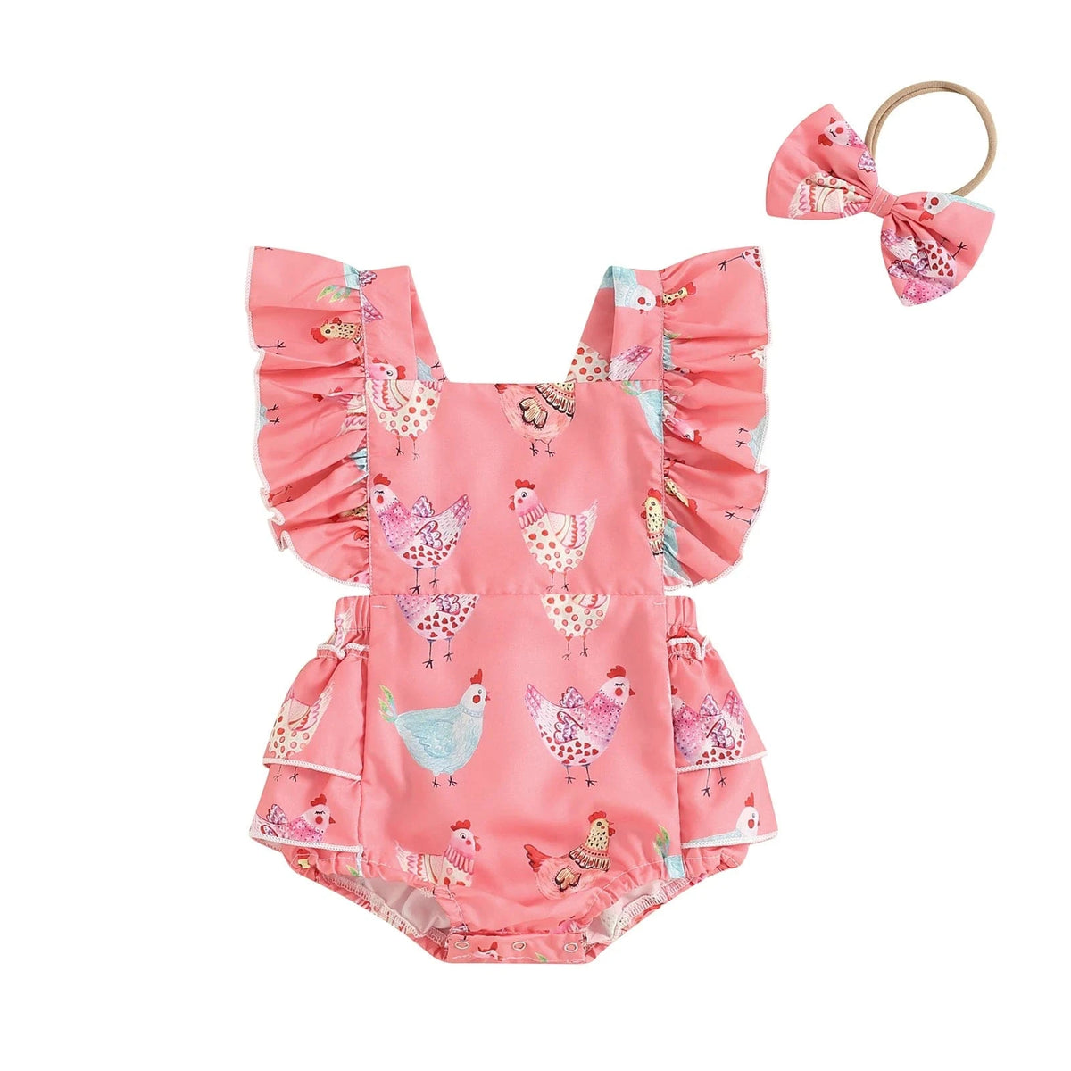 Red / 0-3M Baby Girl Chicken Print Romper