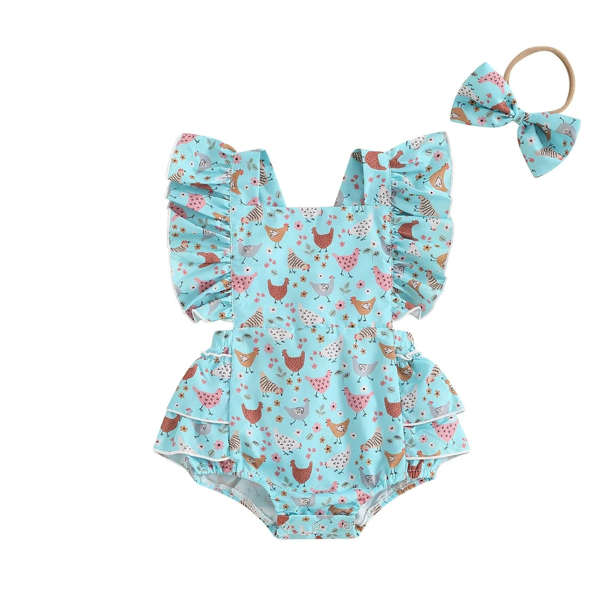 SKY BLUE / 0-3M Baby Girl Chicken Print Romper