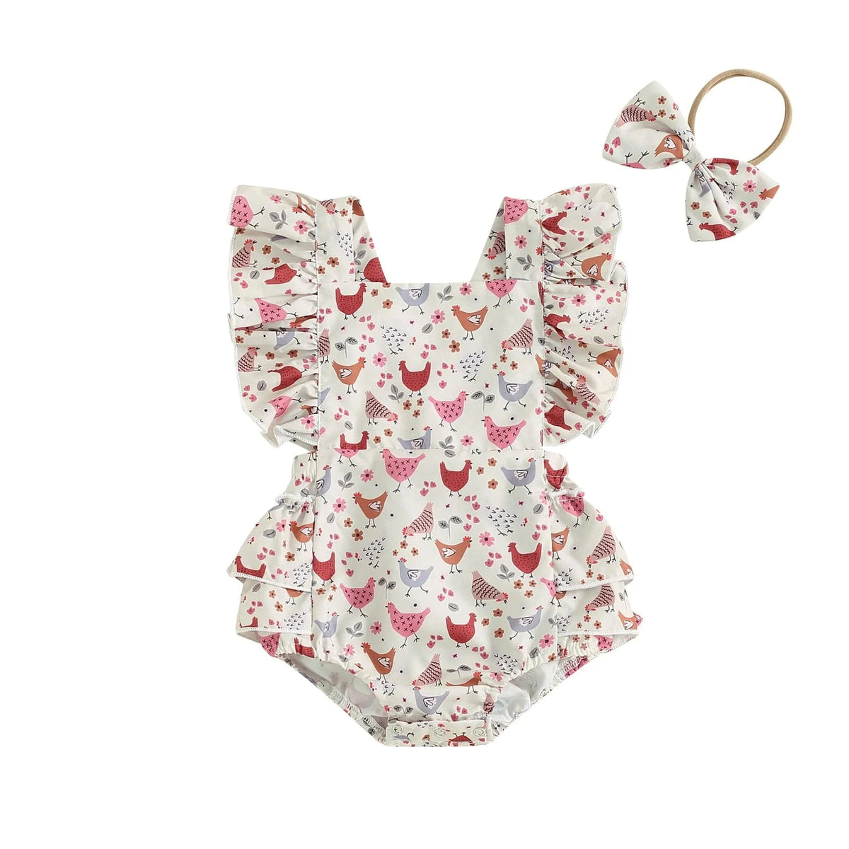 Beige / 0-3M Baby Girl Chicken Print Romper
