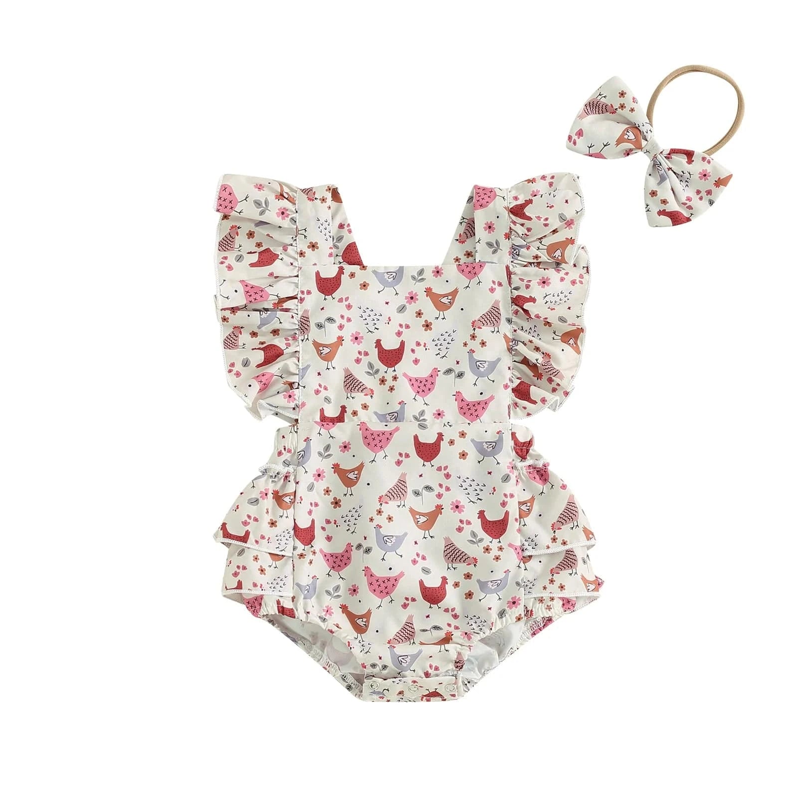 Beige / 0-3M Baby Girl Chicken Print Romper