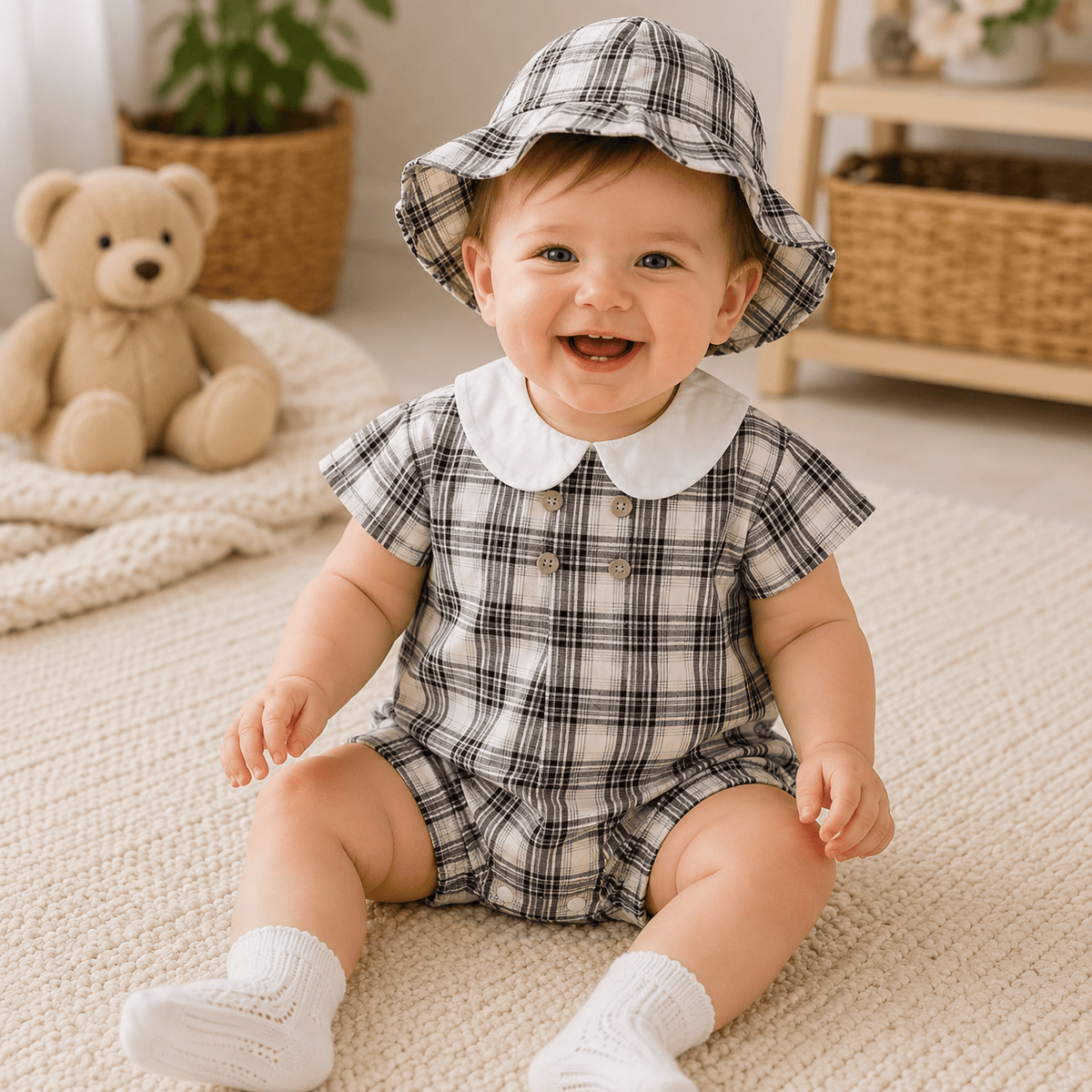 Baby Girl Cotton Checked Bodysuit & Sun Hat Set