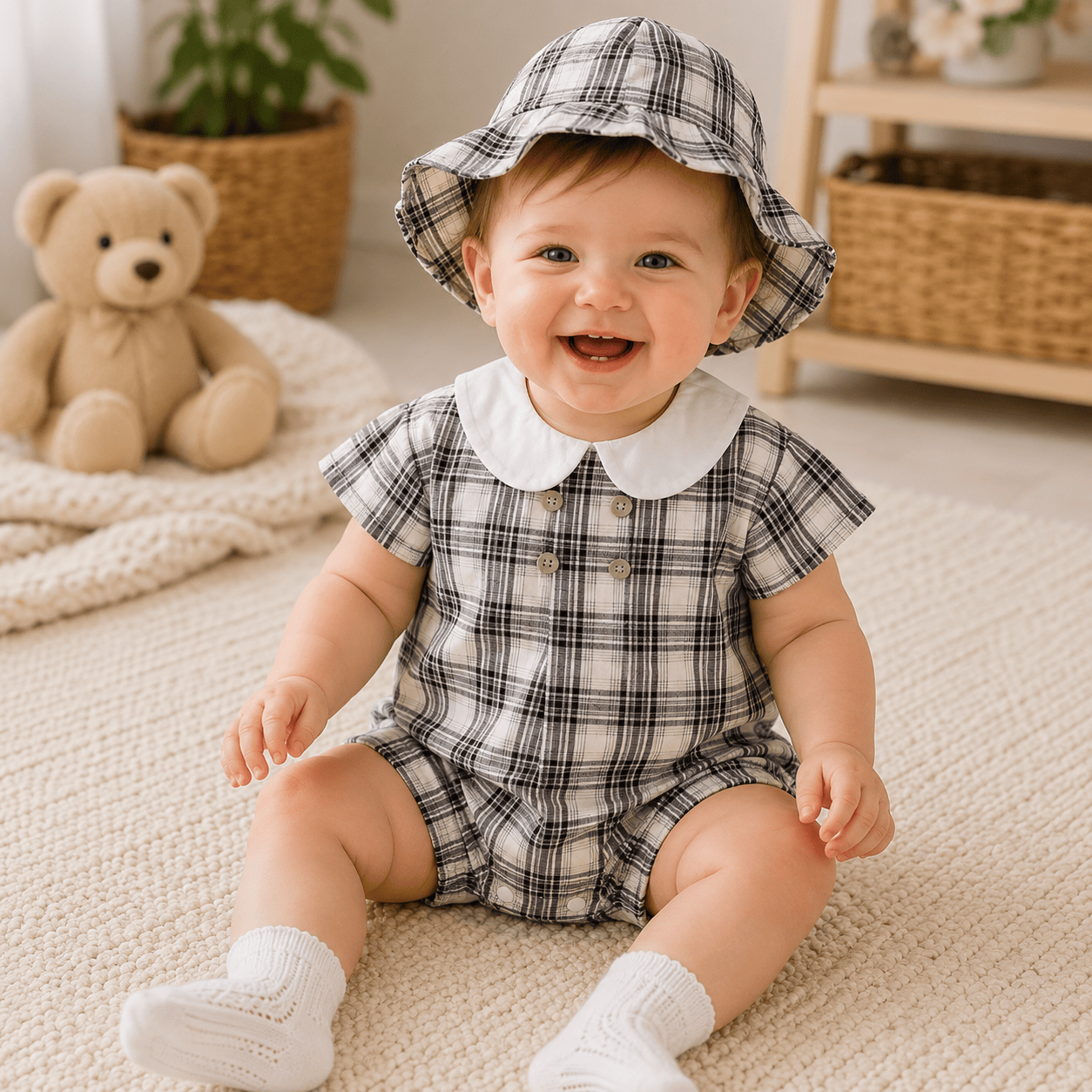 Baby Girl Cotton Checked Bodysuit & Sun Hat Set