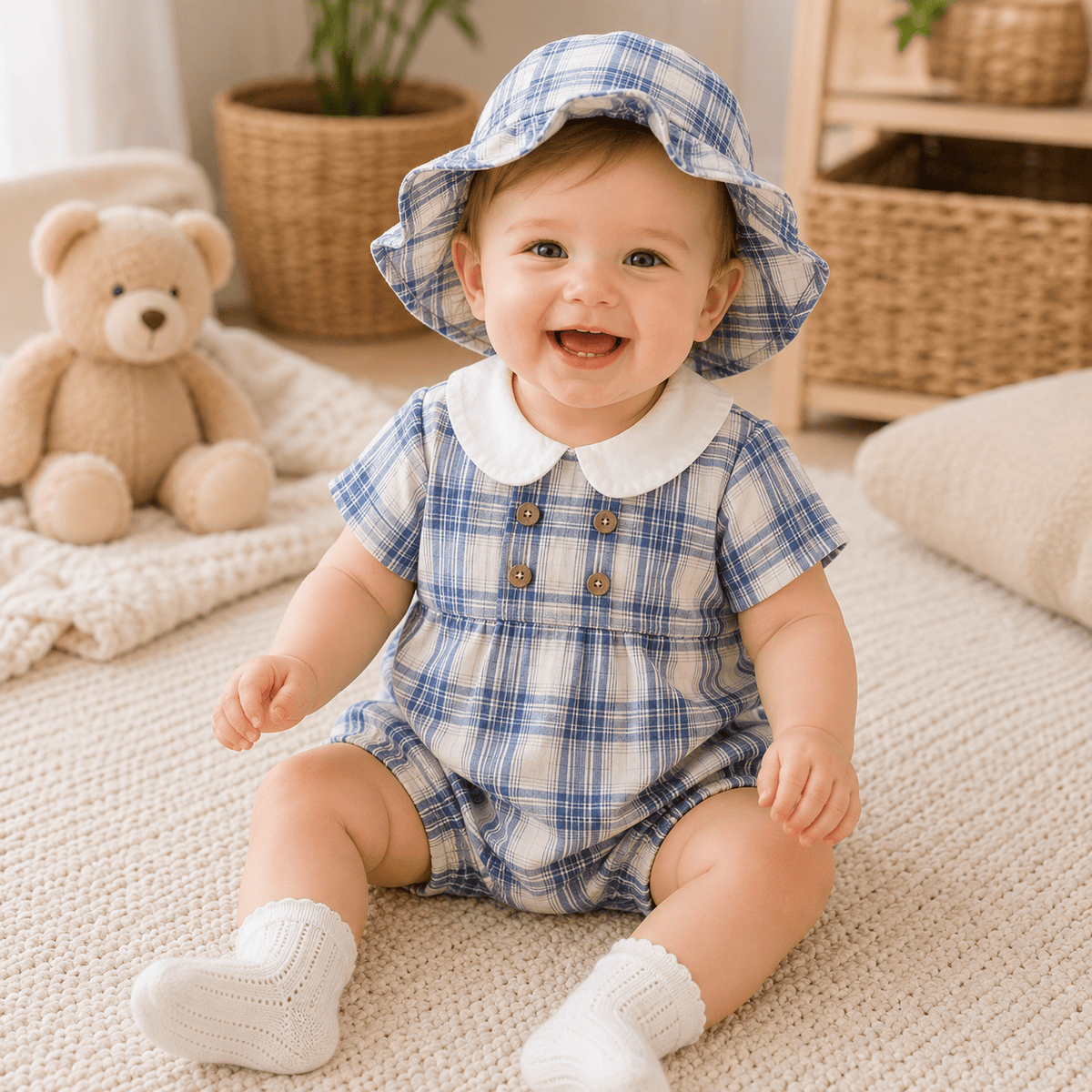 Baby Girl Cotton Checked Bodysuit & Sun Hat Set