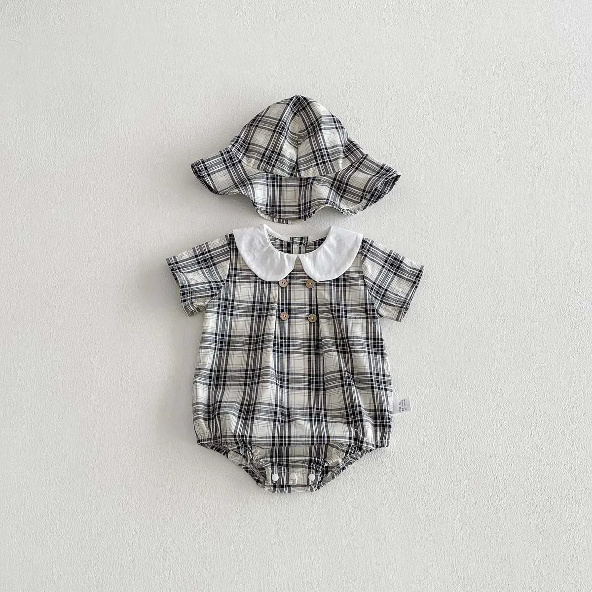 Black / 3-6M Baby Girl Cotton Checked Bodysuit & Sun Hat Set