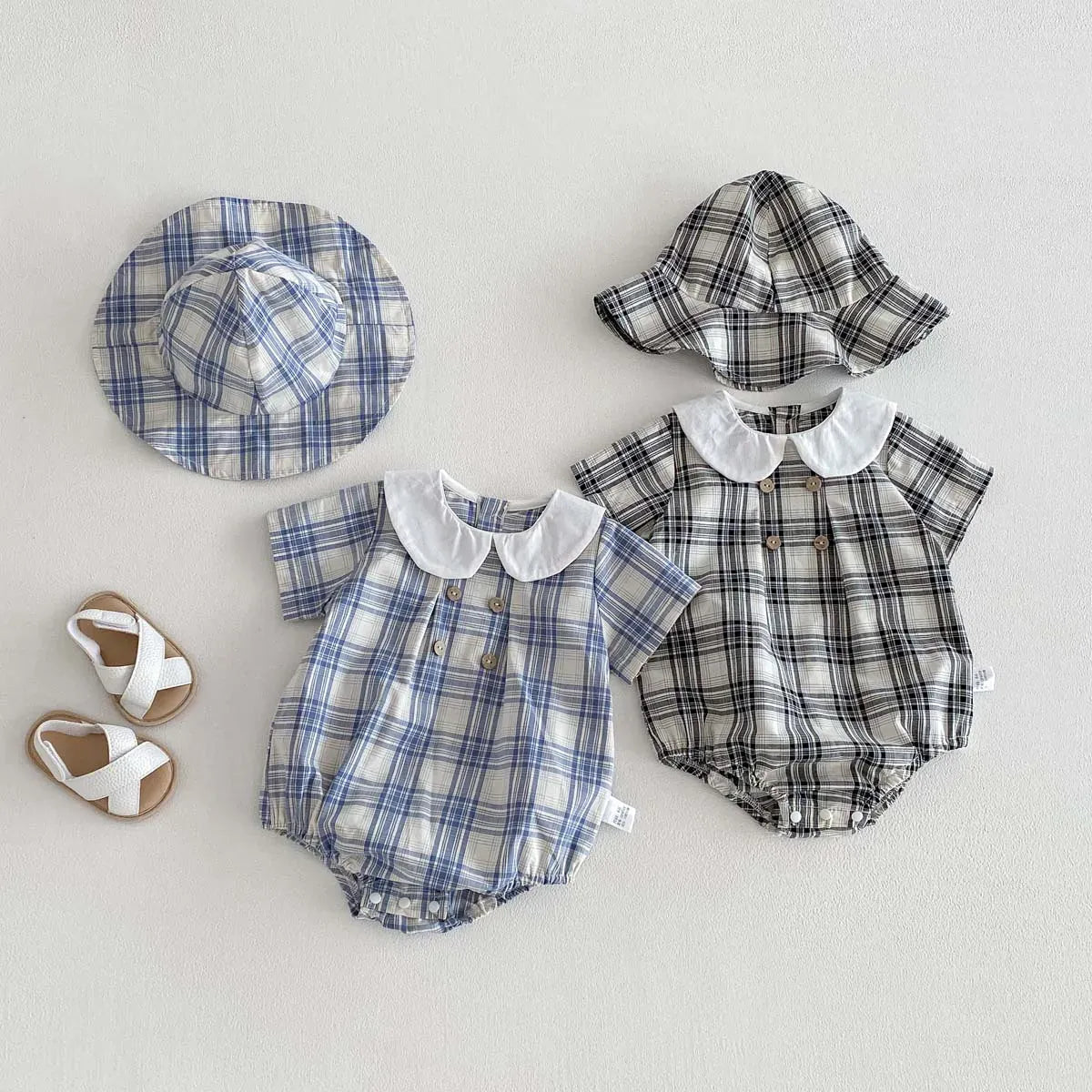 Baby Girl Cotton Checked Bodysuit & Sun Hat Set
