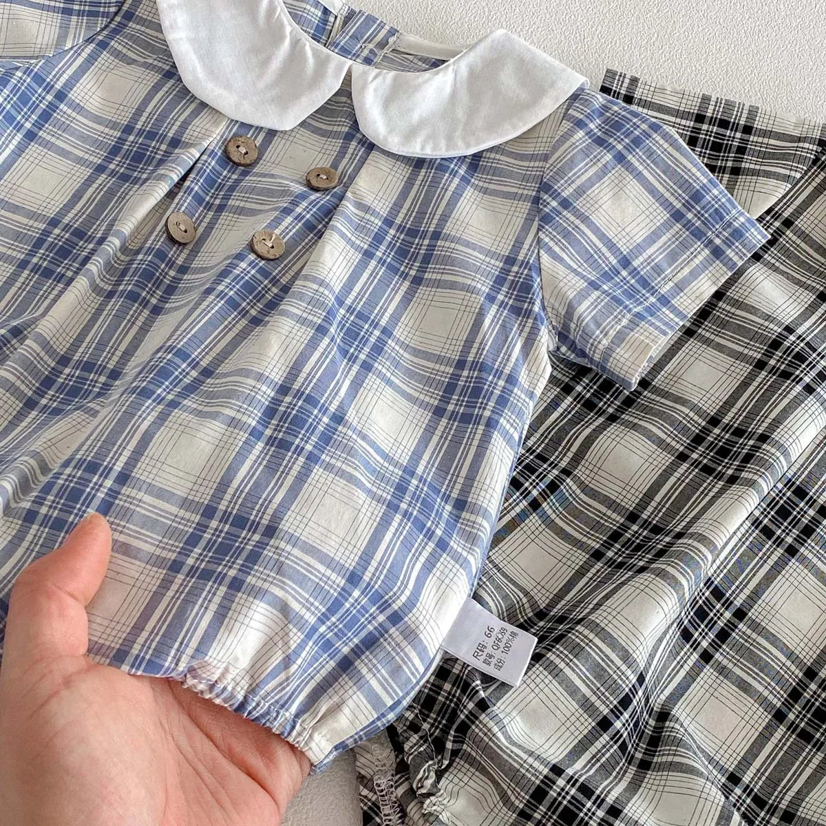 Baby Girl Cotton Checked Bodysuit & Sun Hat Set