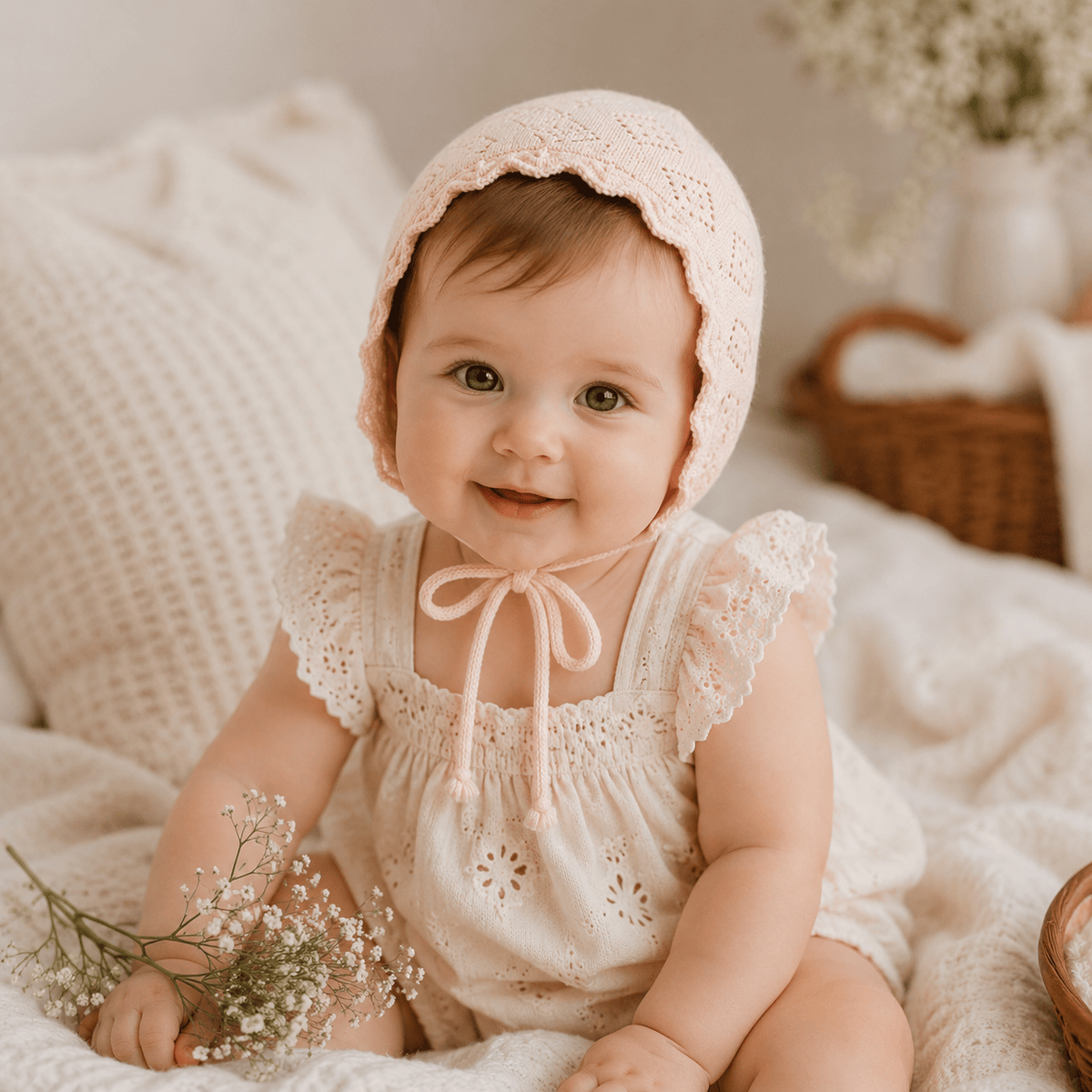 Baby Girl Cotton Lace Flower Knit Bonnet Hat