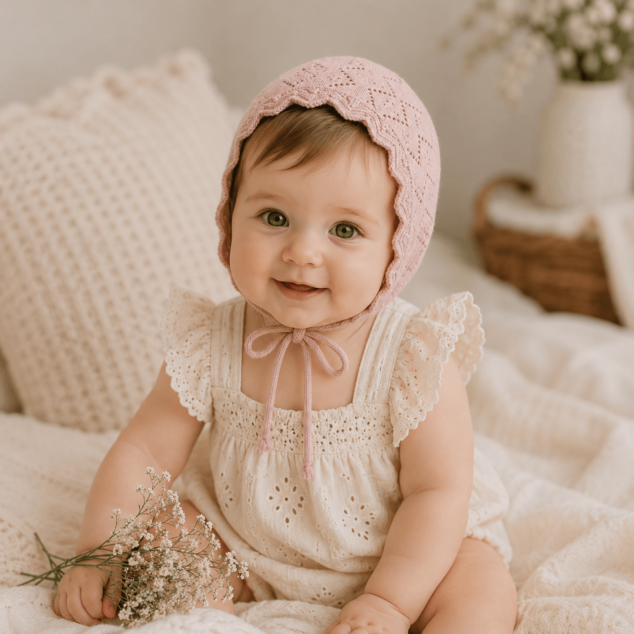 Baby Girl Cotton Lace Flower Knit Bonnet Hat