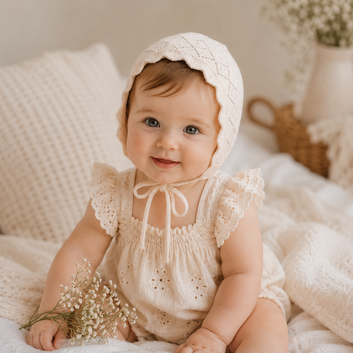 Baby Girl Cotton Lace Flower Knit Bonnet Hat