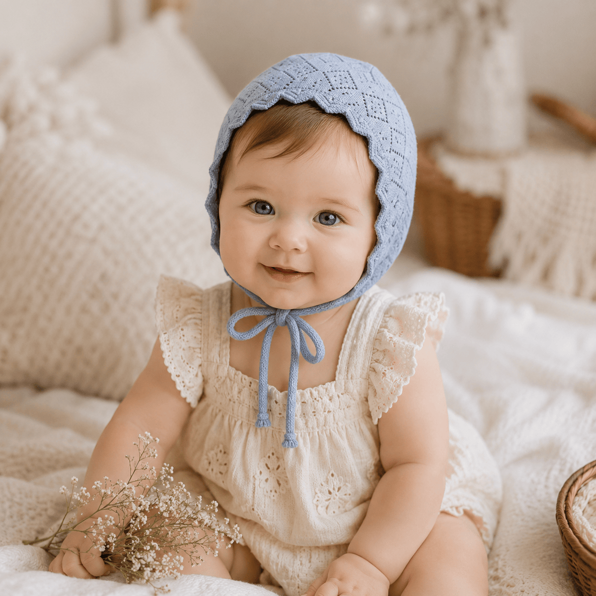 Baby Girl Cotton Lace Flower Knit Bonnet Hat