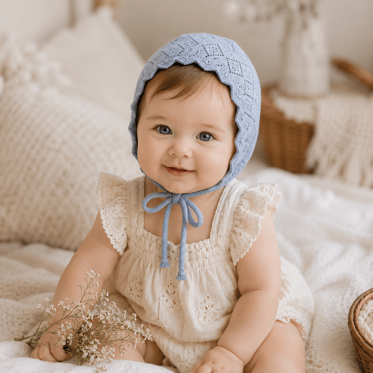 Baby Girl Cotton Lace Flower Knit Bonnet Hat