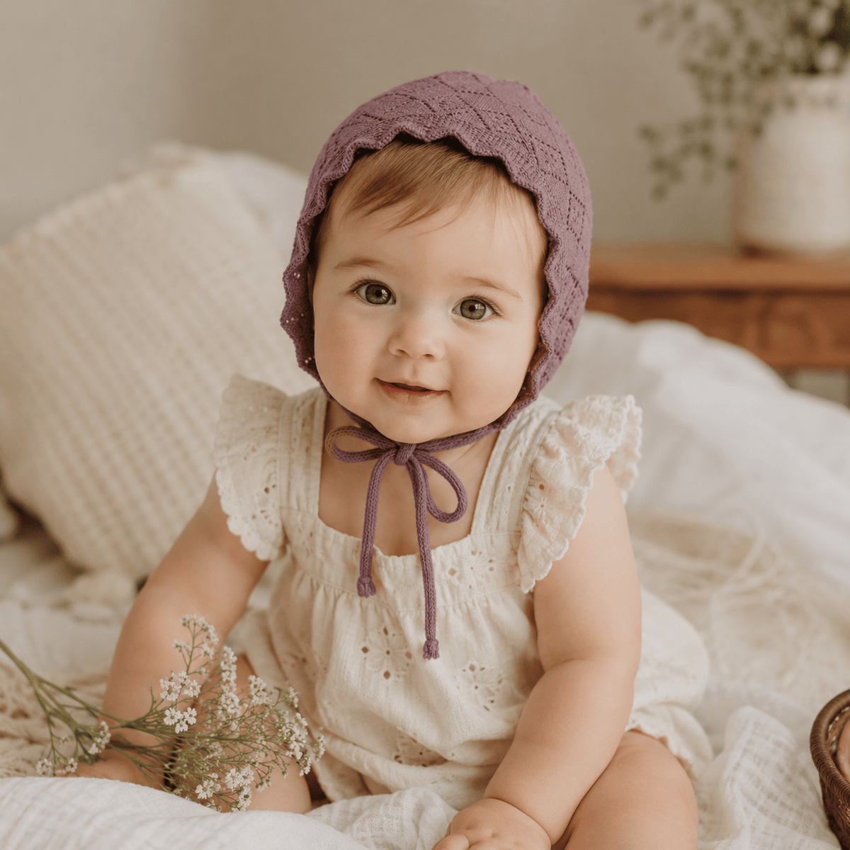 Baby Girl Cotton Lace Flower Knit Bonnet Hat