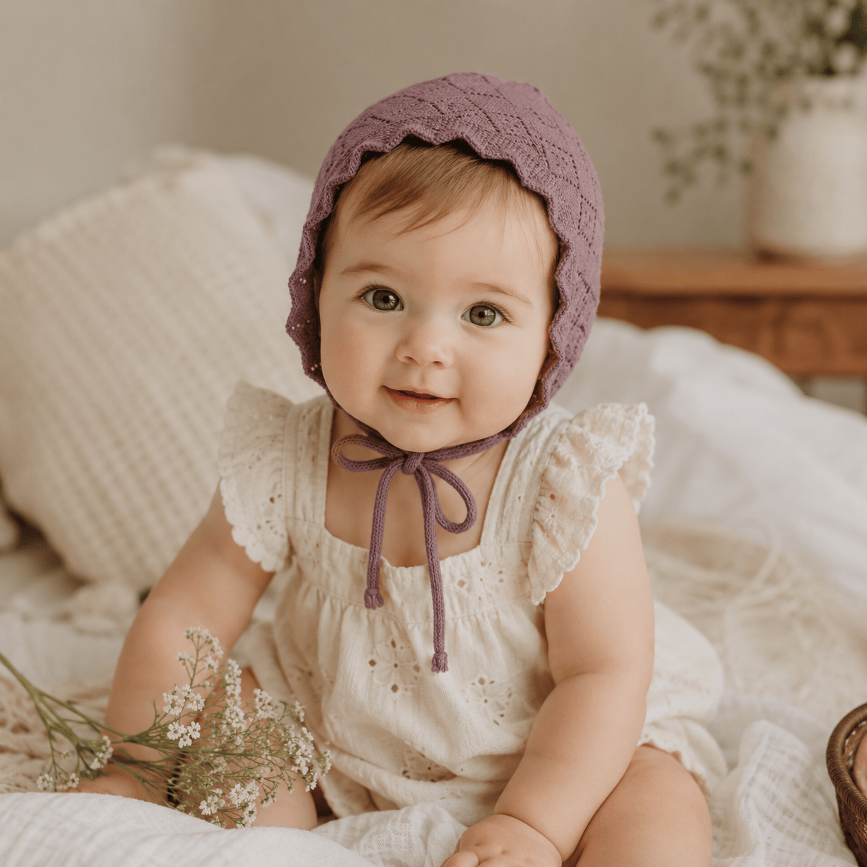 Baby Girl Cotton Lace Flower Knit Bonnet Hat