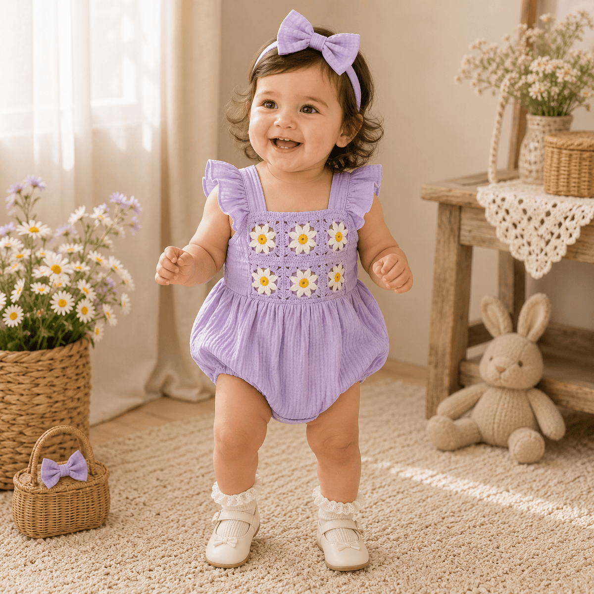 Baby Girl Crochet Flower Smocked Ruffle Romper & Headband Set