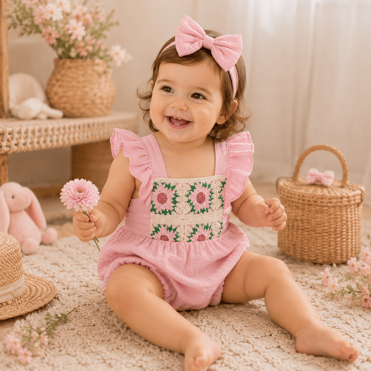 Baby Girl Crochet Flower Smocked Ruffle Romper & Headband Set