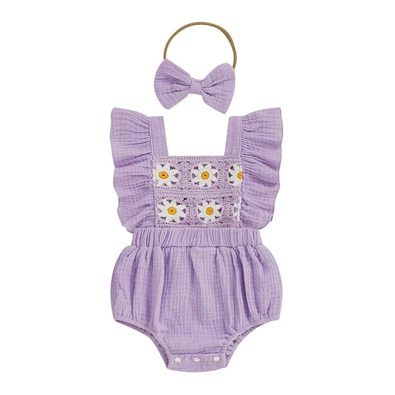 Purple / 0-3M Baby Girl Crochet Flower Smocked Ruffle Romper & Headband Set