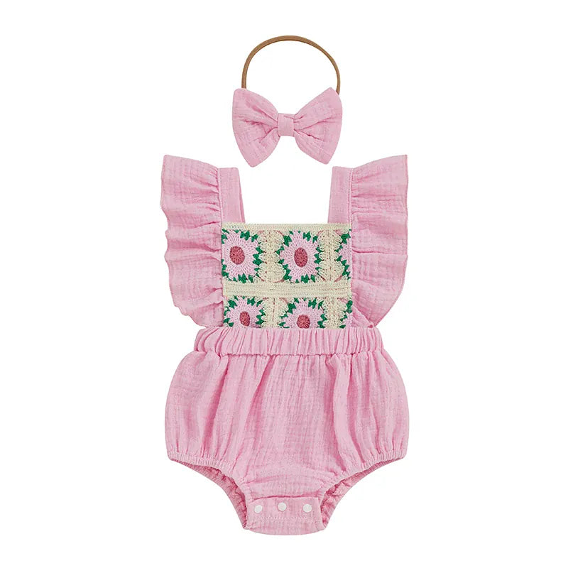 Pink / 0-3M Baby Girl Crochet Flower Smocked Ruffle Romper & Headband Set