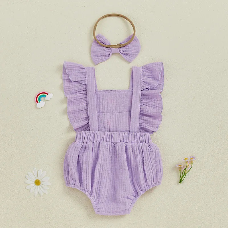 Baby Girl Crochet Flower Smocked Ruffle Romper & Headband Set