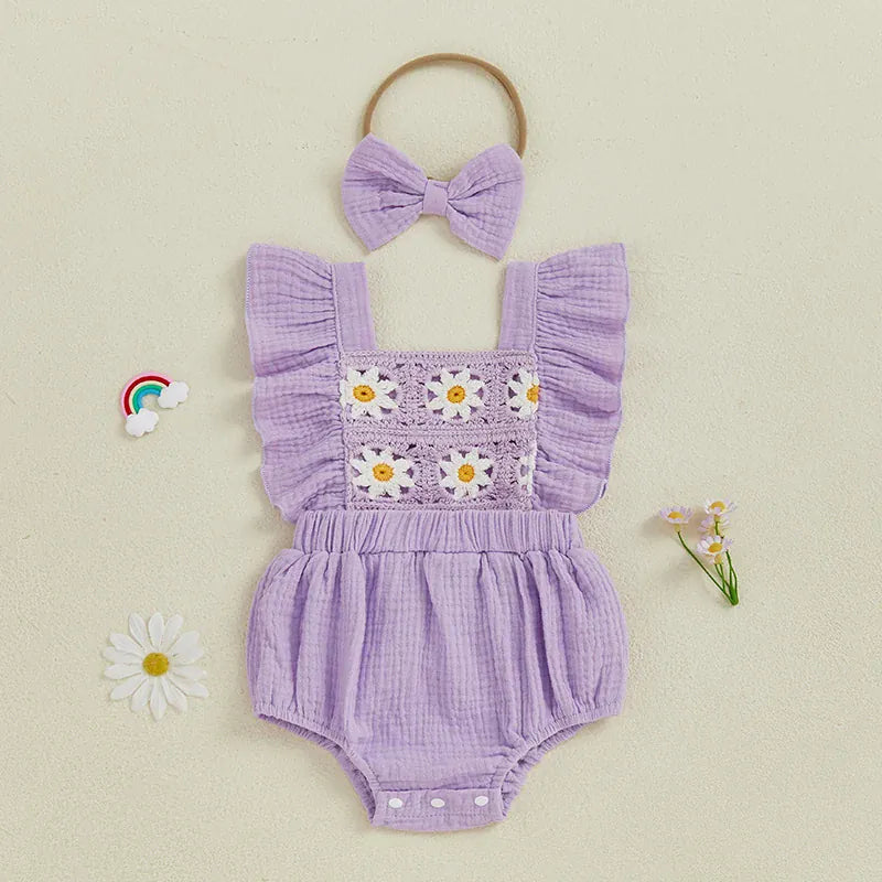 Baby Girl Crochet Flower Smocked Ruffle Romper & Headband Set