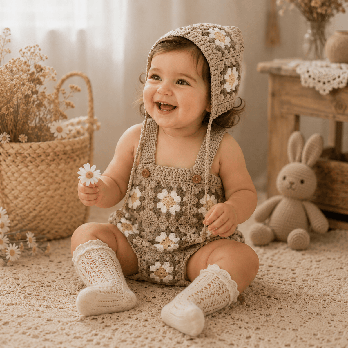 Baby Girl Crochet Knit Sleeveless Bodysuit & Hat Photography Prop