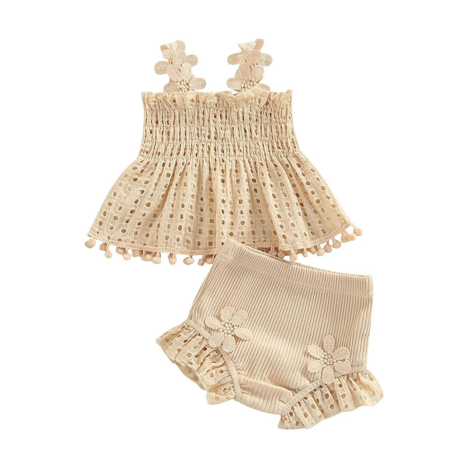 Baby Girl Eyelet Smocked Pom-Pom Tank Top & Ruffle Shorts 2-Piece Set
