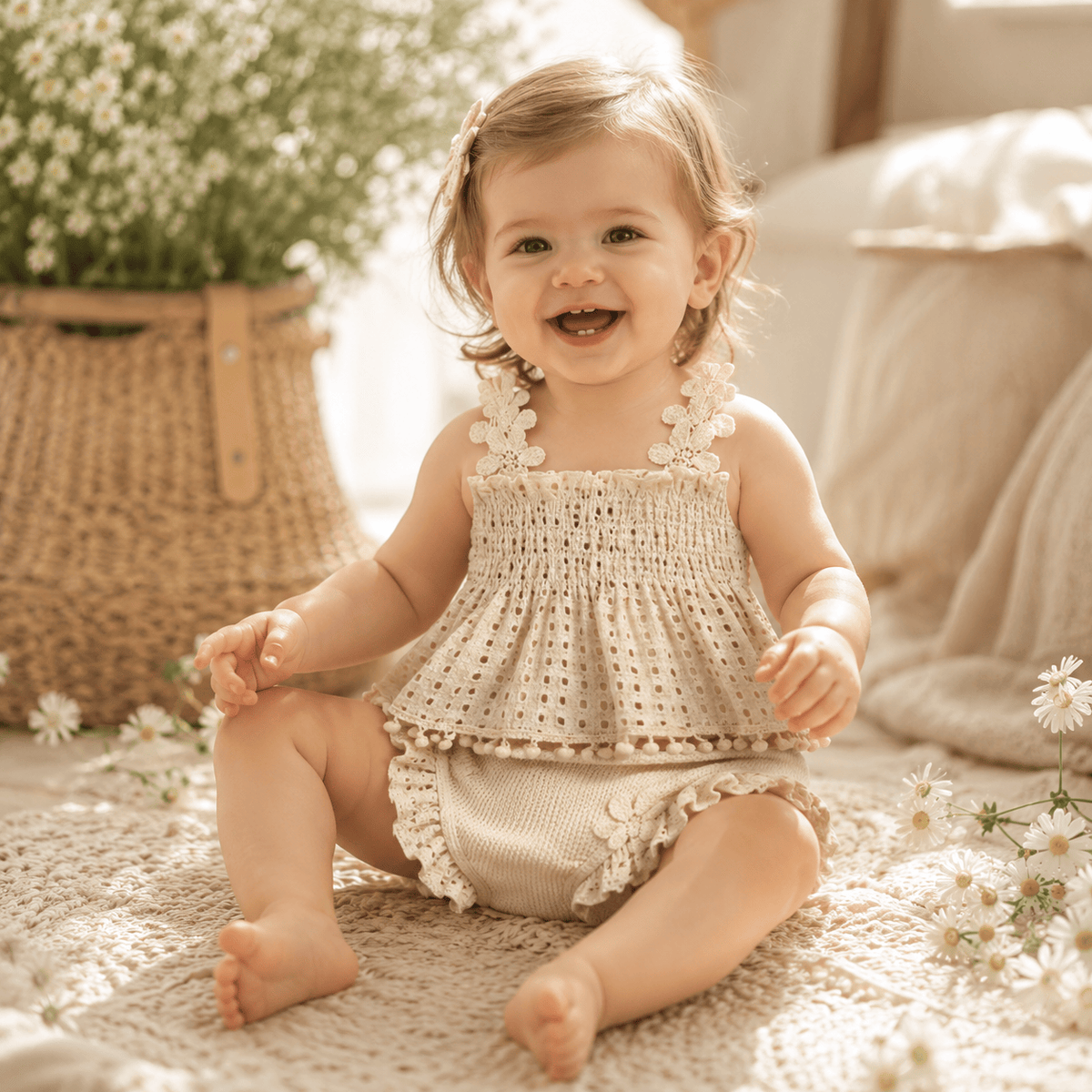 Baby Girl Eyelet Smocked Pom-Pom Tank Top & Ruffle Shorts 2-Piece Set