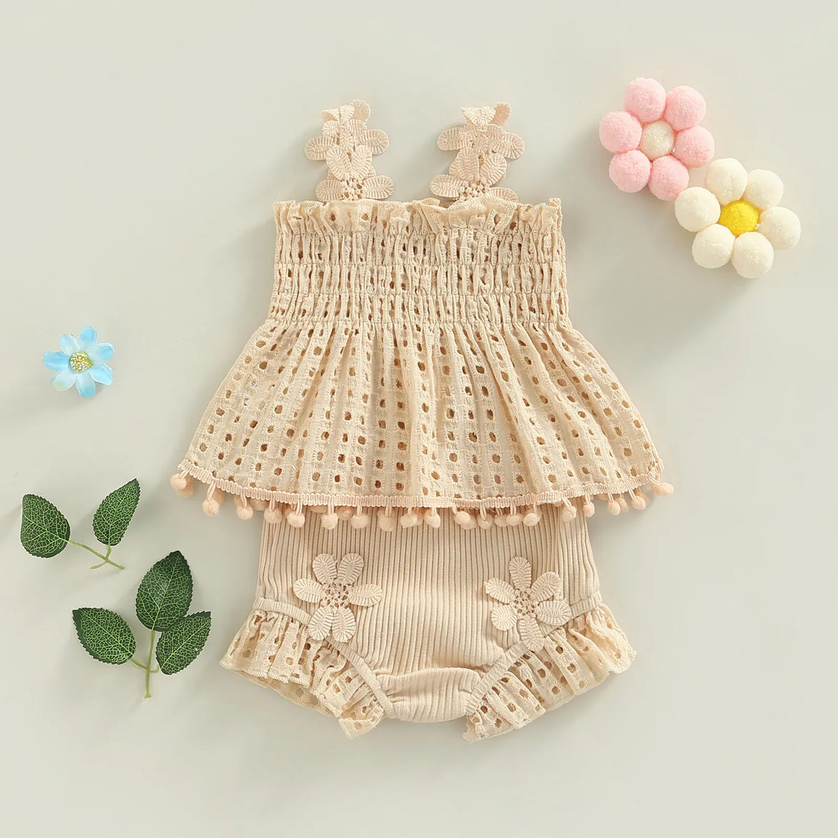 Baby Girl Eyelet Smocked Pom-Pom Tank Top & Ruffle Shorts 2-Piece Set
