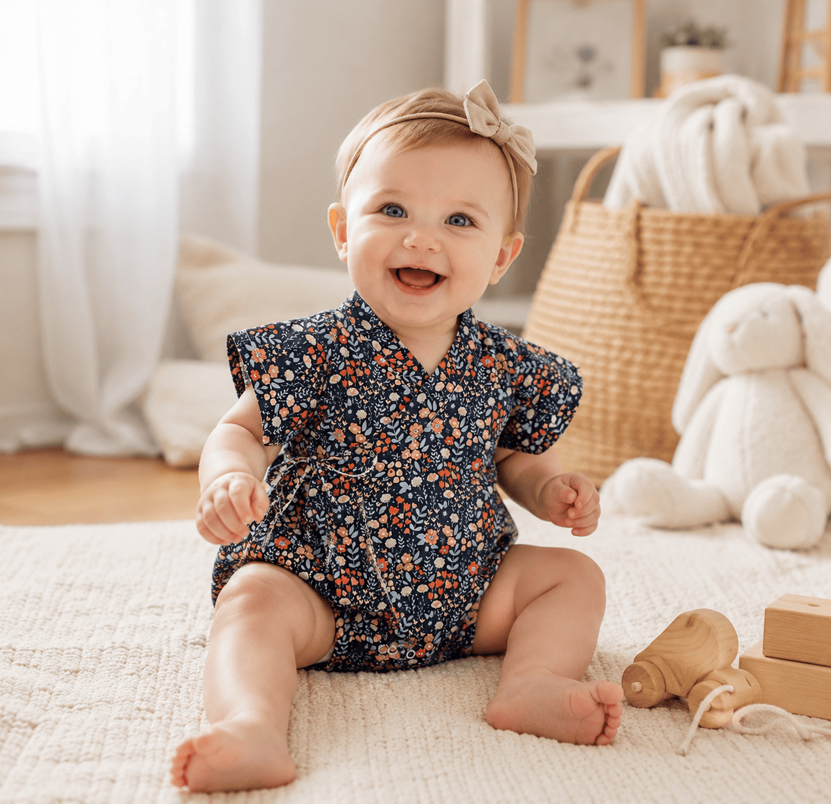 Baby Girl Floral Cotton Kimono Bodysuit Romper