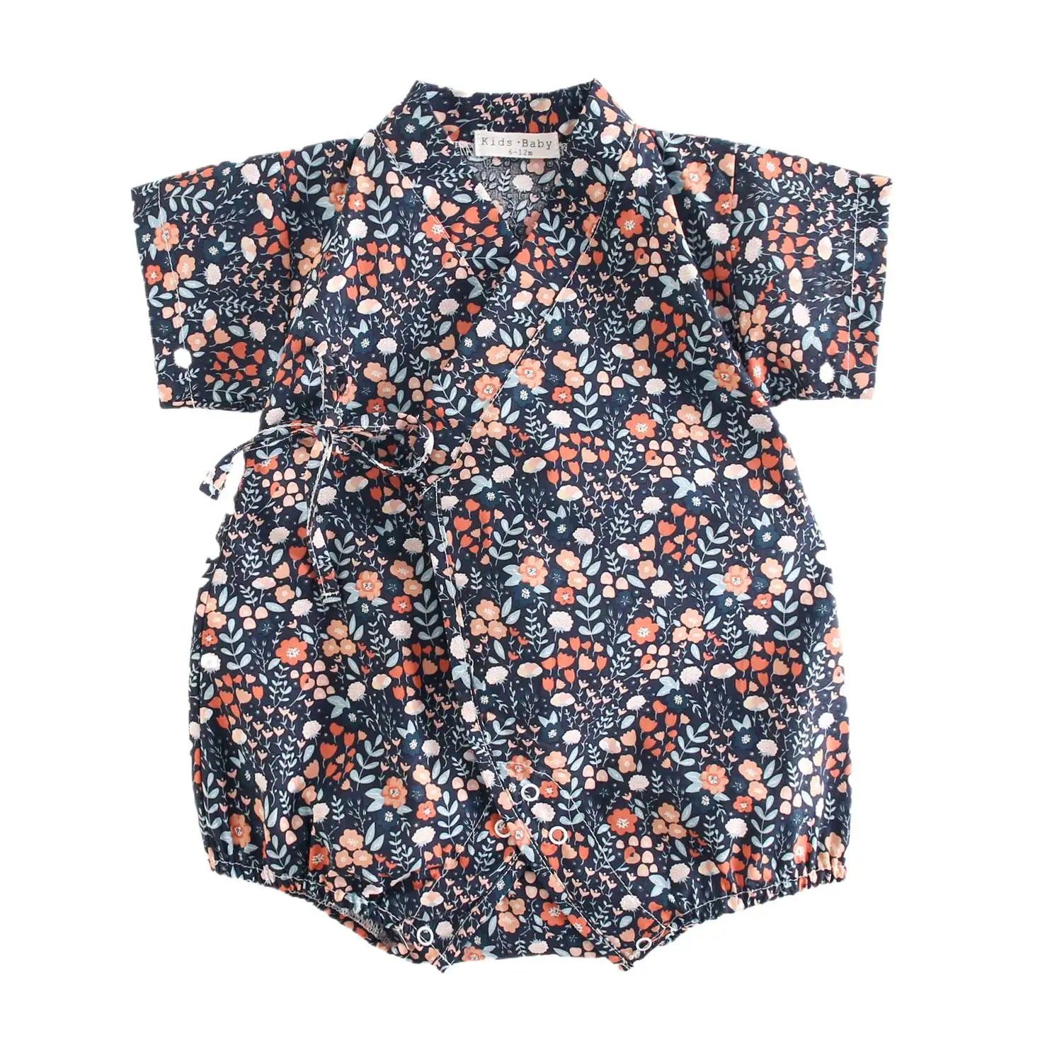 Midnight Navy Floral / 3-6M Baby Girl Floral Cotton Kimono Bodysuit Romper