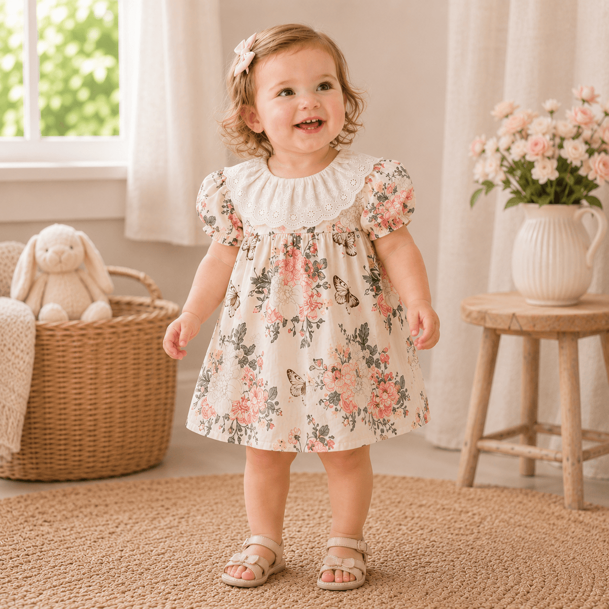 Baby Girl Floral Cotton Puff Sleeve Top & Bloomers 2-Piece Set