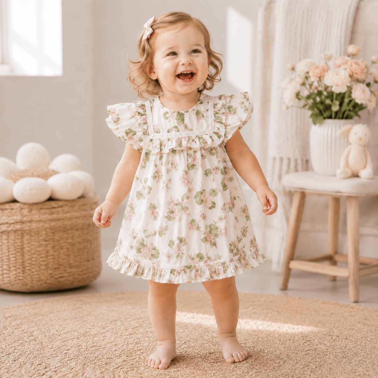 Baby Girl Floral Cotton Puff Sleeve Top & Bloomers 2-Piece Set