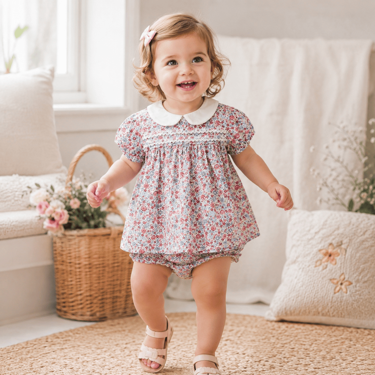 Baby Girl Floral Cotton Puff Sleeve Top & Bloomers 2-Piece Set