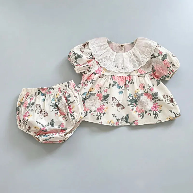 Peony / 3-6M Baby Girl Floral Cotton Puff Sleeve Top & Bloomers 2-Piece Set