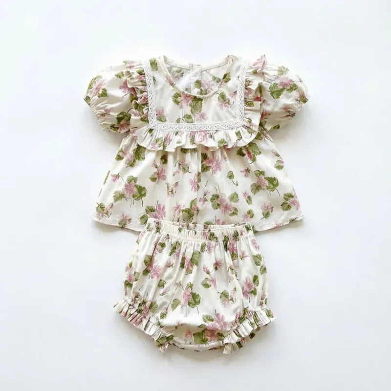 Pink floral / 3-6M Baby Girl Floral Cotton Puff Sleeve Top & Bloomers 2-Piece Set