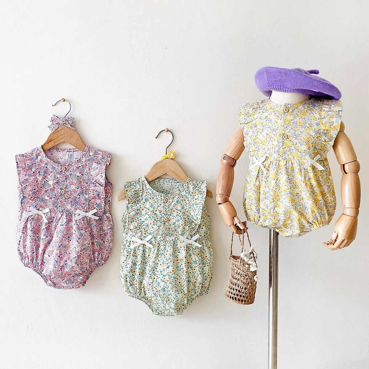 Baby Girl Floral Cotton Sleeveless Bow Bodysuit Romper