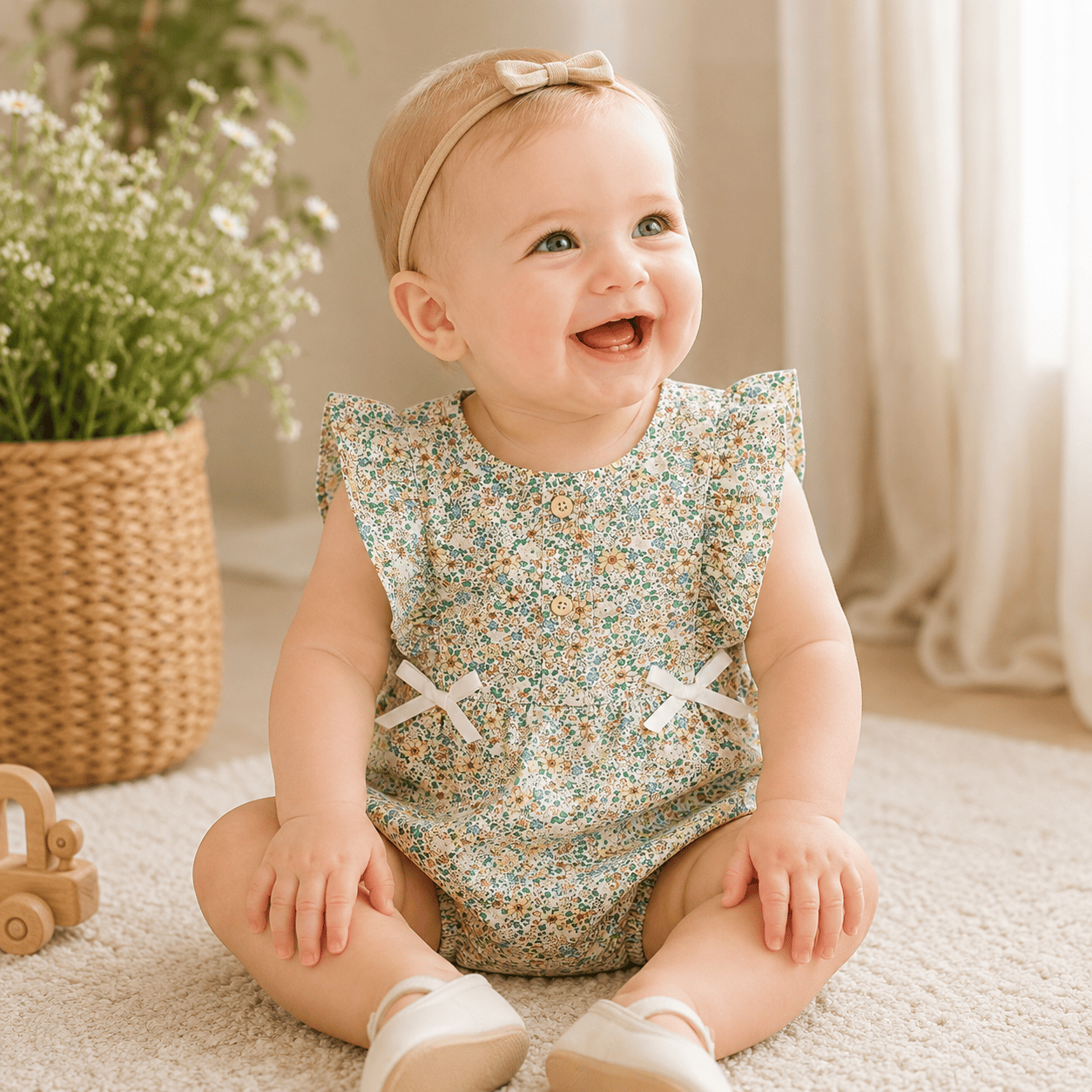 Baby Girl Floral Cotton Sleeveless Bow Bodysuit Romper