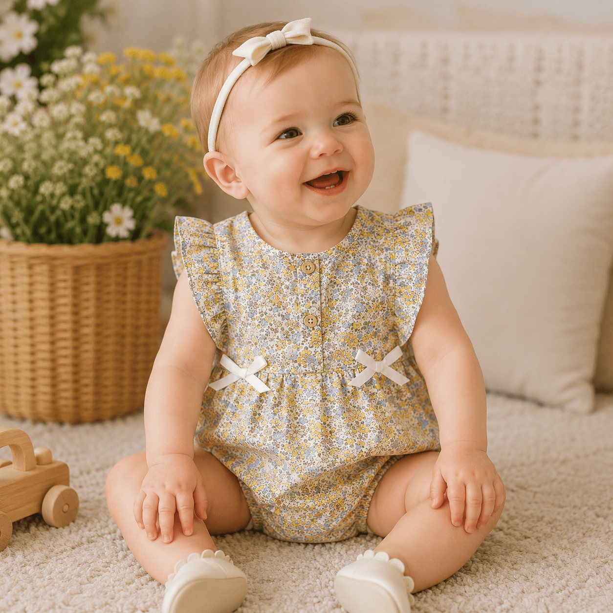 Baby Girl Floral Cotton Sleeveless Bow Bodysuit Romper
