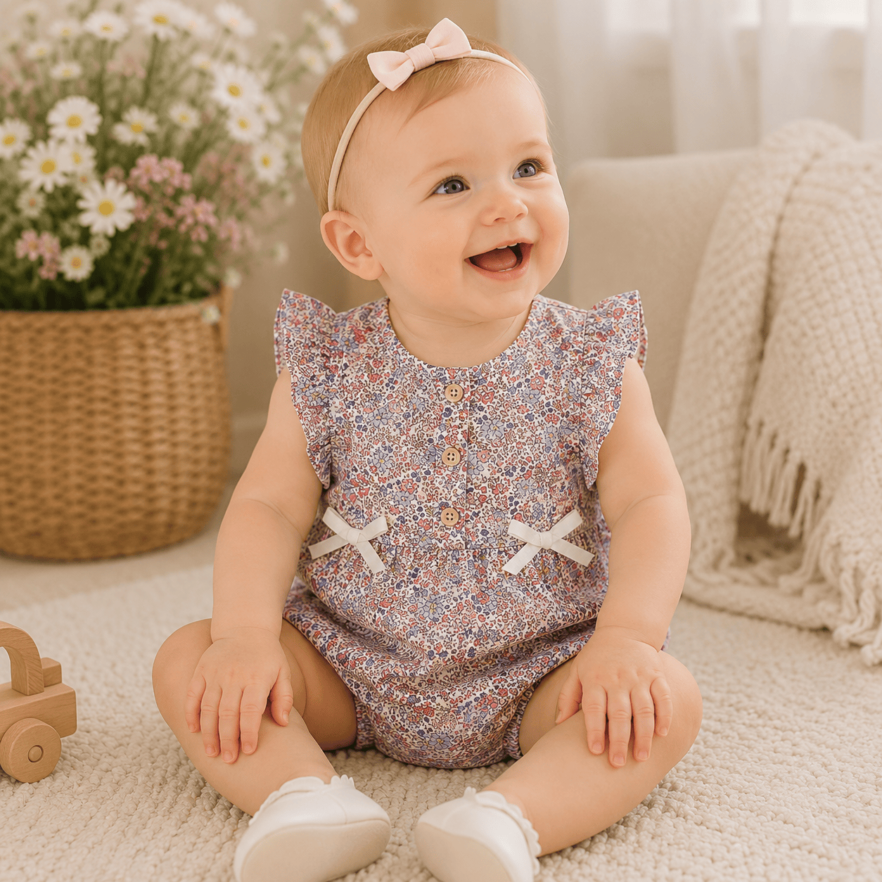 Baby Girl Floral Cotton Sleeveless Bow Bodysuit Romper