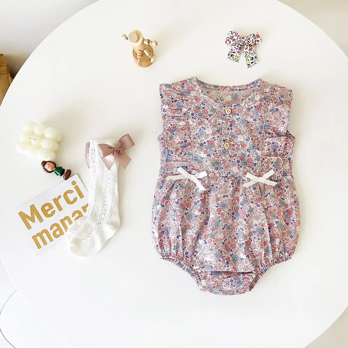 Baby Girl Floral Cotton Sleeveless Bow Bodysuit Romper